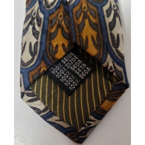 BACI Italy Necktie 100% Silk Feather Medallion Print Taupe/Gold/Steel Blue Tie - Picture 10 of 12
